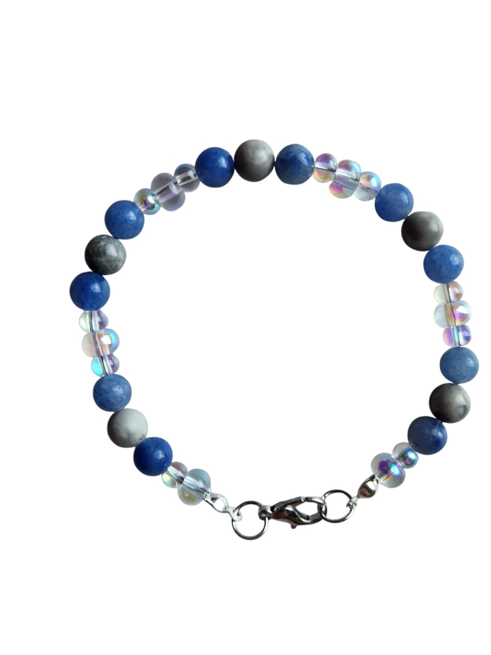 Gray Picture Jasper, Blue Aventurine & Iridescent Glass Beaded Bracelet